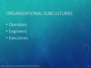 ORGANIZATIONAL SUBCULTURES
• Operators
• Engineers
• Executives
Scandura, Essentials of Organizational Behavior. © 2016, SAGE Publications. 11
 