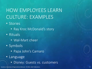 HOW EMPLOYEES LEARN
CULTURE: EXAMPLES
• Stories
• Ray Kroc McDonald’s story
• Rituals
• Wal-Mart cheer
• Symbols
• Papa John’s Camaro
• Language
• Disney: Guests vs. customers
Scandura, Essentials of Organizational Behavior. © 2016, SAGE Publications. 15
 