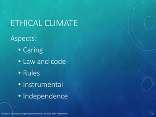 ETHICAL CLIMATE
Aspects:
• Caring
• Law and code
• Rules
• Instrumental
• Independence
Scandura, Essentials of Organizational Behavior. © 2016, SAGE Publications. 18
 