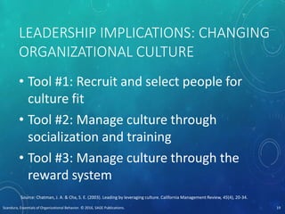 LEADERSHIP IMPLICATIONS: CHANGING
ORGANIZATIONAL CULTURE
• Tool #1: Recruit and select people for
culture fit
• Tool #2: Manage culture through
socialization and training
• Tool #3: Manage culture through the
reward system
Scandura, Essentials of Organizational Behavior. © 2016, SAGE Publications. 19
Source: Chatman, J. A. & Cha, S. E. (2003). Leading by leveraging culture. California Management Review, 45(4), 20-34.
 
