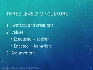 THREE LEVELS OF CULTURE
1. Artifacts and creations
2. Values
• Espoused -- spoken
• Enacted -- behaviors
3. Assumptions
Scandura, Essentials of Organizational Behavior. © 2016, SAGE Publications. 5
 