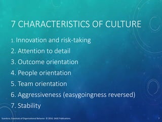 7 CHARACTERISTICS OF CULTURE
1. Innovation and risk-taking
2. Attention to detail
3. Outcome orientation
4. People orientation
5. Team orientation
6. Aggressiveness (easygoingness reversed)
7. Stability
Scandura, Essentials of Organizational Behavior. © 2016, SAGE Publications. 7
 