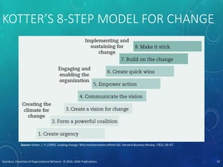 KOTTER’S 8-STEP MODEL FOR CHANGE
Scandura, Essentials of Organizational Behavior. © 2016, SAGE Publications. 19
Source: Kotter, J. P. (1995). Leading change: Why transformation efforts fail. Harvard Business Review, 73(2), 59–67.
 
