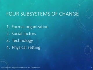 FOUR SUBSYSTEMS OF CHANGE
1. Formal organization
2. Social factors
3. Technology
4. Physical setting
Scandura, Essentials of Organizational Behavior. © 2016, SAGE Publications. 9
 