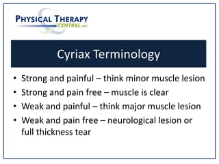 Cyriax Terminology
• Strong and painful – think minor muscle lesion
• Strong and pain free – muscle is clear
• Weak and painful – think major muscle lesion
• Weak and pain free – neurological lesion or
full thickness tear
 