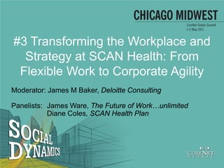 #3 Transforming the Workplace and
  Strategy at SCAN Health: From
 Flexible Work to Corporate Agility
Moderator: James M Baker, Deloitte Consulting

Panelists: James Ware, The Future of Work…unlimited
           Diane Coles, SCAN Health Plan
 