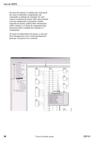 38 © Scania CV AB 2006, Sweden SDP:01
No nível do sistema, é exibida uma visão geral
de como os diferentes componentes são
conectados à unidade de comando. Se você
colocar o ponteiro do mouse sobre uma conexão
com um componente e pressionar o botão
esquerdo do mouse, poderá obter informações
sobre a função e os sinais do componente que
percorrem entre a unidade de comando e o
componente.
Se clicar no botão direito do mouse, a caixa de
texto desaparecerá, mas o realce permanecerá
para que você possa ver a conexão.
Uso do SDP3
 
