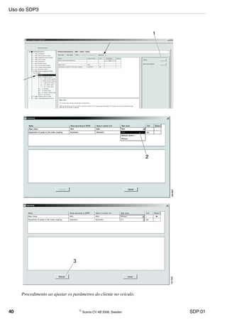 40 © Scania CV AB 2006, Sweden SDP:01
Procedimento ao ajustar os parâmetros do cliente no veículo.
Uso do SDP3
 