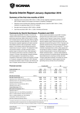 28 October 2016
Scania AB (publ) SE-151 87 Södertälje Tel. +46 8 553 810 00
Corporate identity number Sweden Fax +46 8 553 810 37
556184-8564 www.scania.com
Scania Interim Report January–September 2016
Summary of the first nine months of 2016
• Operating income amounted to SEK 3,733 m. (7,046), and was negatively impacted by a provision of
SEK 3.8 billion related to the European Commission’s competition investigation
• Operating income excluding items affecting comparability rose by 7 percent to SEK 7,533 m. (7,046) ,
resulting in an operating margin of 10.0 (10.1) percent
• Net sales rose by 8 percent to SEK 75,209 m. (69,686)
• Cash flow amounted to SEK -192 m. (1,220) in Vehicles and Services
Comments by Henrik Henriksson, President and CEO
“Scania’s sales reached SEK 75.2 billion in the first nine
months of 2016 and the company’s underlying operational
performance was strong. Higher vehicle volume in Europe
and increased service revenue was partly offset by negative
currency rate effects and lower deliveries in Latin America.
Earnings were impacted negatively by the high investment
level related to Scania’s new truck generation. Scania’s
position in the European market remained strong with a
market share of around 17 percent. The replacement need
and economic situation in Europe continues to have a
positive impact on demand for trucks. Order bookings in
Latin America continued at a low level, and Brazil is still
uncertain. In Eurasia, order bookings increased somewhat
and Russia appears to have bottomed out. Scania
increased its market share in Buses and Coaches in Europe
to 7.6 percent, compared to 6.9 percent in 2015. Demand
for buses and coaches is high in Europe, Latin America and
Asia. In Engines, demand remains at a relatively low level.
Service revenue amounted to a record SEK 15.8 billion
during the first nine months of 2016, an increase of
3 percent and of 7 percent in local currency. Financial
Services showed a strong performance and customer
payment capacity is good. Scania launched its new truck
generation during the third quarter of 2016. It has been very
positively received and the S series has been elected the
prestigious “International Truck of the year 2017”. The jury’s
motivation emphasised driver comfort, safety aspects and
fuel savings for hauliers of 5 percent. Together with Scania’s
recently introduced option to service vehicles based on
flexible maintenance plans − a service made possible by
continual monitoring of connected vehicles’ operating data −
Scania Maintenance is reaching an entirely new level.
Through a great deal of precision, the vehicle can receive
exactly the maintenance it needs to spend more time
generating revenue and less time at the workshop.”.
Financial overview 9 months 2016 Q3
Trucks and buses, units 2016 2015
Change,
% 2016 2015
Change,
%
Order bookings 62,265 57,892 8 18,346 16,046 14
Deliveries 58,732 54,935 7 18,422 17,946 3
Net sales and earnings EUR m.*
Net sales, Scania Group, SEK m. 75,209 69,686 8 25,099 22,888 10
Operating income, Vehicles and Services, SEK m. 2,968 6,252 -53 2,126 2,028 5
Operating income, excl. items affecting comparability,
Vehicles and Services, SEK m.
6,768 6,252 8 2,126 2,028 5
Operating income, Financial Services, SEK m. 765 794 -4 259 281 -8
Operating income, SEK m. 3,733 7,046 -47 2,385 2,309 3
Income before taxes, SEK m. 3,443 6,689 -49 2,328 2,197 6
Net income for the period, SEK m. 1,427 4,940 -71 1,750 1,561 12
Operating margin, % 5.0 10.1 9.5 10.1
Operating margin, excl. items affecting comparability, % 10.0 10.1 9.5 10.1
Return on capital employed, Vehicles and Services, % 13.4 19.6
Return on capital employed, excl. items affecting
comparability, Vehicles and Services, %
22.0 19.6
Cash flow, Vehicles and Services, SEK m. -192 1,220 300 114
*Translated to EUR solely for the convenience of the reader at a closing day rate of SEK 9.632 = EUR 1.00.
Unless otherwise stated, all comparisons refer to the corresponding period of the preceding year.
This interim report has not been subject to review by the company’s auditors. This report is also available on www.scania.com/group/en/
1
 
