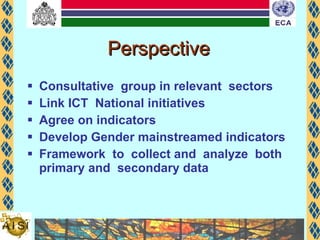 Perspective Consultative  group in relevant  sectors  Link ICT  National initiatives  Agree on indicators  Develop Gender mainstreamed indicators  Framework  to  collect and  analyze  both primary and  secondary data  