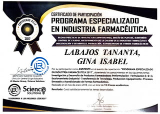 Certificado de Participación - Programa Especializado en Industria Farmaceutica