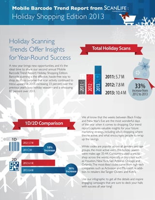 Mobile Barcode Trend Report from

:

Holiday Shopping Edition 2013
Holiday Scanning
Trends Offer Insights
for Year-Round Success
A new year brings new opportunities, and it’s the
ideal time to share our second annual Mobile
Barcode Trend Report: Holiday Shopping Edition.
Barcode scanning is the effective, hassle-free way to
shop, so it’s no surprise that scan activity continued to
trend upward in 2013, increasing 33 percent over the
previous year’s busy holiday season—and a whopping
82 percent over 2011.

We all know that the weeks between Black Friday
and New Year’s Eve are the most wonderful days
of the year when it comes to shopping. Our trend
report captures valuable insights for your future
marketing strategy, including who’s shopping, where
they’re active, and what encourages people to wrap
up the savings.
While codes are popular across all genders and age
groups, the most active users this holiday season
were males age 35-44. Consumers used scans to
shop across the world, especially in top cities such
as Houston, New York, San Antonio, Chicago and
Orlando. The most-liked codes came from high-tech
companies such as Activision and Microsoft, in addition to retailers like Tanger Outlets and Kohl’s.
Use our infographic to get all the details and inspire
engaging campaigns that are sure to deck your halls
with success all year long!

 