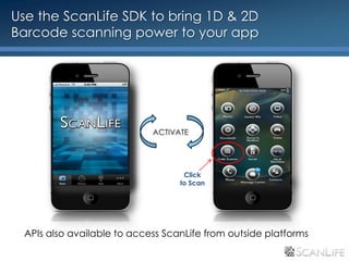 Use the ScanLife SDK to bring 1D & 2D
 Barcode scanning power to your app




                                ACTIVATE




                                       Click
                                      to Scan




     APIs also available to access ScanLife from outside platforms
20
 