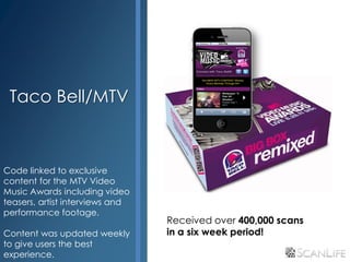 Taco Bell/MTV



Code linked to exclusive
content for the MTV Video
Music Awards including video
teasers, artist interviews and
performance footage.
                                 Received over 400,000 scans
Content was updated weekly       in a six week period!
to give users the best
experience.
 