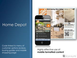 Home Depot




Code linked to menu of
customer options reviews,
buying guides and mobile    Highly effective use of
shopping page               mobile formatted content
 