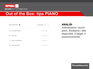 Out of the Box: tips PIANO
ANALISI
Individuiamo i touch
point. Studiamo i dati
disponibili, il target, il
posizionamento.
 