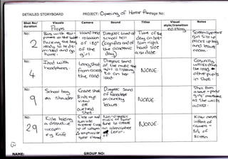 DETAILED STORYBOARD                       PRoJEcr:      Operi.,5 6S Ftfitrr    Gh".Pug" ruo,

Shot No/          Visuals                Camera               Sound            Titles           Visual              Notes
duration                                                                                   style/transition
                  P*o*                                      -Tf"..< oeG(
                                                                                               .o)   i&"tiercr
                                                                                                                 Screeoappe
No:        Bcrg r"oith aaui- Hcllrd he6 DtQSSe So.sd ol :
           pc<r€rt' <rr tS€ Qob Q ' ro toJ=icn Scncoi bett &13 onbo{.                                           3,- Si ts up
       2   Pactsioq
           ceaC15
           rnis.rd d
                       *!''< ha< ! o€ 80" (ei3n'Aes e"d oF tOr-, rt'c$rt
                      ti   u. d'is-
                                tp     o€ fjne           tj-€ 61666)evric hG"d sToe
                                                                          q,rso dete'
                                                                                                                 Facrcs L,p ba
                                                                                                                 o..srd l6qug
                                                                                                                 r6Ofy     .

           t^c>crt   ,
                                       $icl'              €
No:        fpod       {-$i-th                   t)tqpue S*r.d                                                    CaS.rq11o
                                       Larqshoe A€ t-t e. c.ntslC tlrr                                           udq.lgr d.:{
           k-rcadPha=gs
                                                                                                                 -@r-
                                .
                                      e"-- G.cYaS %tc-lont)Sts,]c5
                                                  bo
                                                        s                     NONC                              agn€r pc,rpr
      +                               th< rocd iecd. Fer                                                         io   S[<rL-

No:                                                      p;q.uc       Sarrd                                      Shce errfr.)
            S.r"ei bag                Cra-ne sho&
                                                         oC&o'tstsF
                                                                                                                 a.bouC     - Fc{
            66                       B i.,Js Rse                                                                AiclS'c5a:q1
                                                                              fuoru€
       1                              Vi€!.)
                                         d)K
                                      Orrt-ffid
                                                         an Cn-nCh13
                                                         ko*-s
                                                                                                                 o.S S Le ."rqt
                                                                                                                 a-CrcEs,
                                                                                                                                  '




                                         Shot'
 No:
            Kt<          hoUi"g      C oSe   ,rp aud tl,n*di€aGtic
                                                       rn rrsi e of tornr
                                                                                                                  k;ll<r fidue
           cl d€furrcLrlg              &yrn iotg                                                                  inGr,t af
                                       €,(be$ce (tog &.-rre bo cresle        N)cq<
 27        Ll-KG€a
            €.g     Koi(&
                                      .-rg oF trfog.o an oj*-rosph,et
                                      ,', erngh<3)S A Lerroc,
                                                                                                                 <(iJTtg''tq -

                                                                                                                 =/q a4
                                                         oF                                                      Scccr:
                                       h41tr   e)emei
 