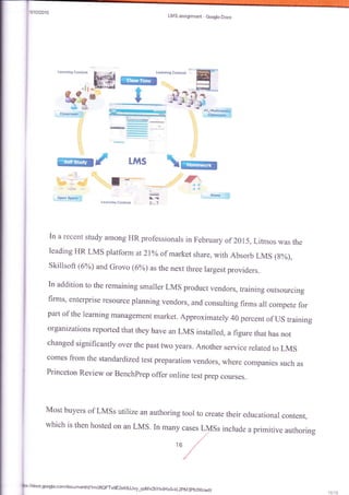 i.r',rtn.n96...1,,.t9
W
';t . E*F!i*d
fuos*ei& +.S
e,s*m r:-l
d.r
r}{l Hqltirtls$i*:
..,,;Sffitlp:.:r:j
.iallFmg*
!.-<'j:}n.?+:rr1**l,!&
.l*q,.@....-...-,
ffisd tMs %ry*
.* ff""
{l$r€,} $p{.s
XaE *.
L'{{
i," 1
l-i:nrfi*q {ontont
In a reeent srudy elnons F{R Frofessi*nals in Fehruary *f,?{}l5. tit$:*s .,e*,as
the
leading F{R LMS platfarm at 21a/a of market share, rvith Absorb LMS (g;./o),
skillsott (6%) and Grov o {6%) as the next three largest providers.
In addition to the remaining smaller LMs product vendors, training outsourcing
firms, enterprise resource planning vendcrs, and consulting firms all compete fbr
palt of the learning management market. Approximately 40 percent of gS training
arganizations reported that they have an LMs installed, a figure that has not
changed significantly over the past two years. Another service related to LMS
cCImes fi-om the standardizadtest preparation vendors, where companies such as
P'inceton Review or Benchprep offer on1i,e test prep couf,ses.
Most buyers of LMSs utilize an authoring tool to create their educational content,
wlrich is then hosted on an LMS. In many cases L)lssincluds a primitive authortng
16/
/
k:l'docs.gacgle.comldocumenudrlmilEeFTvgEhx8JJ,ry_qafir?vzbys4HxskL2pMspf.fxkledit
 