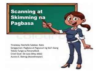 Scanning at
Skimming na
Pagbasa
Tinalakay: Rochelle Sabdao- Nato
Sanggunian: Pagbasa at Pagsusuri ng Iba’t ibang
Teksto Tungo sa Pananaliksik
Crizel Sicat- De Laza (May-akda)
Aurora E. Batnag (Koordineytor)
 