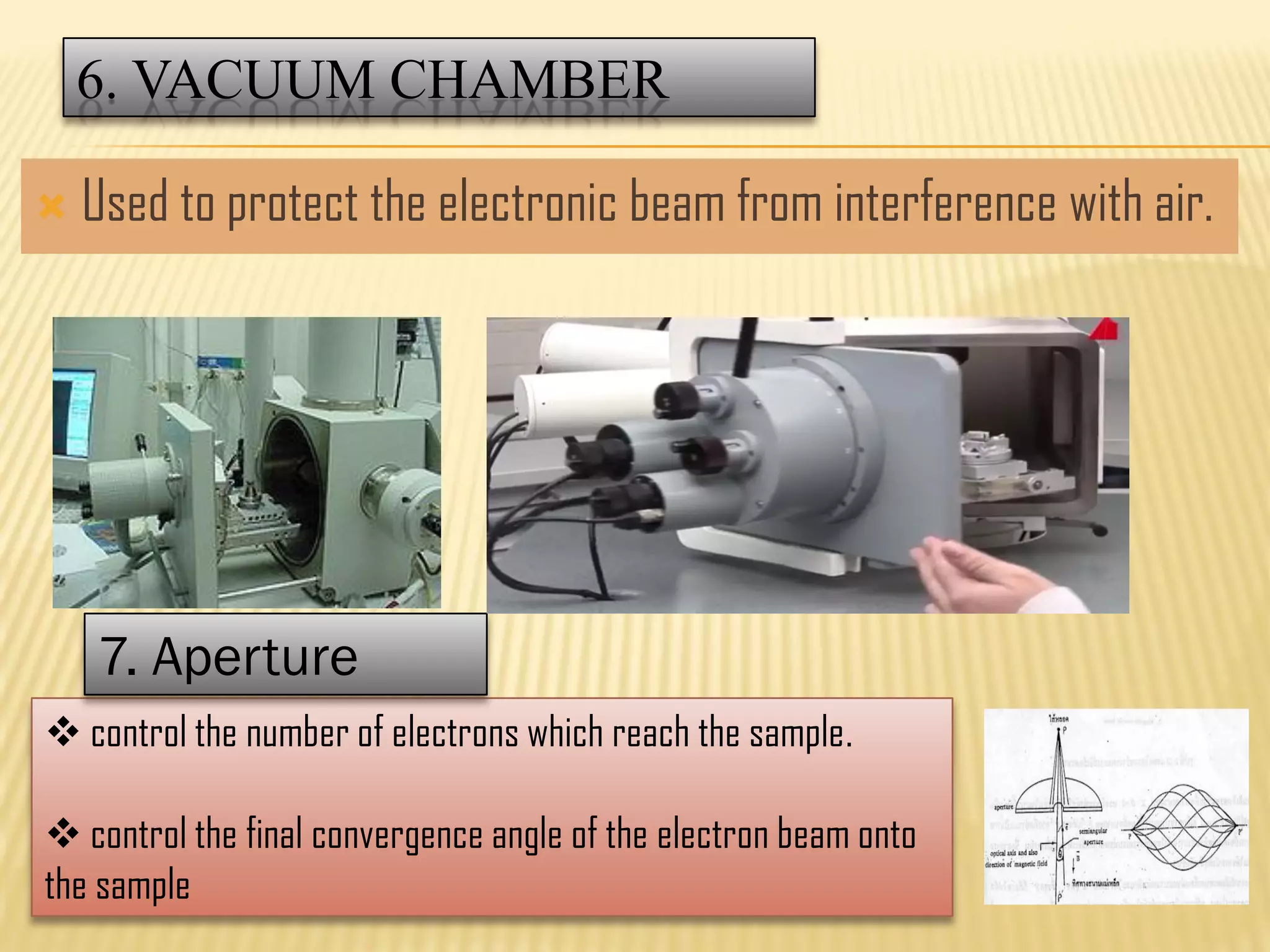 6. VACUUM CHAMBER
 Used to protect the electronic beam from interference with air.
 control the number of electrons which reach the sample.
 control the final convergence angle of the electron beam onto
the sample
7. Aperture
 