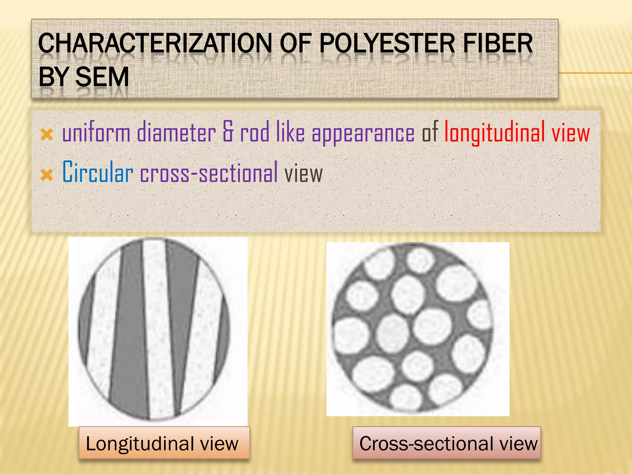 CHARACTERIZATION OF POLYESTER FIBER
BY SEM
 uniform diameter & rod like appearance of longitudinal view
 Circular cross-sectional view
Cross-sectional viewLongitudinal view
 