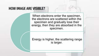 HOW IMAGE ARE VISIBLE?
When electrons enter the specimen,
the electrons are scattered within the
specimen and gradually lose their
energy, then they are absorbed in the
specimen.
Energy is higher, the scattering range
is larger.
 