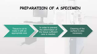 PREPARATION OF A SPECIMEN
Tissue is cut to
make it with an
appropriate size
In order to prevent
the deformation of
the tissue sufficient
care is needed.
Cleaning of the
surface is also
necessary
 