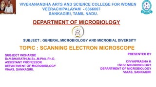 VIVEKANANDHA ARTS AND SCIENCE COLLEGE FOR WOMEN
VEERACHIPALAYAM - 6366007
SANKAGIRI, TAMIL NADU.
DEPARTMENT OF MICROBIOLOGY
SUBJECT INCHARGE
Dr.V.BHARATHI,M.Sc.,M.Phil.,Ph.D.
ASSISTANT PROFESSOR
DEPARTMENT OF MICROBIOLOGY
VIAAS, SANKAGIRI.
PRESENTED BY
DIVYAPRABHA K
I M.Sc MICROBIOLOGY
DEPARTMENT OF MICROBIOLOGY
VIAAS, SANKAGIRI
TOPIC : SCANNING ELECTRON MICROSCOPE
SUBJECT : GENERAL MICROBIOLOGY AND MICROBIAL DIVERSITY
 