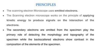 PRINCIPLES
● The scanning electron Microscope uses emitted electrons.
● The Scanning electron microscope works on the principle of applying
kinetic energy to produce signals on the interaction of the
electrons.
● The secondary electrons are emitted from the specimen play the
primary role of detecting the morphology and topography of the
specimen while the backscattered electrons show contrast in the
composition of the elements of the specimen.
 