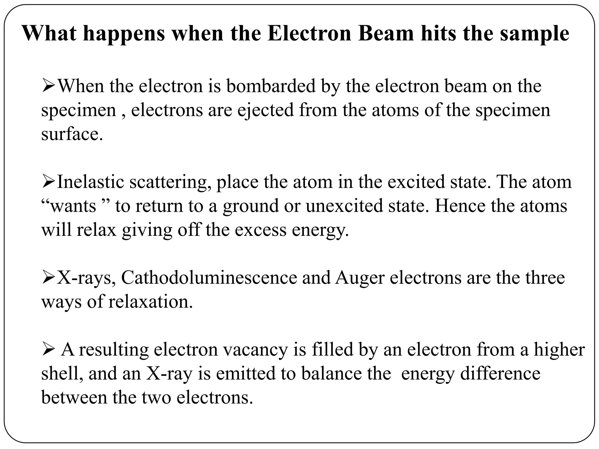 What happens when the Electron Beam hits the sample
When the electron is bombarded by the electron beam on the
specimen , electrons are ejected from the atoms of the specimen
surface.
Inelastic scattering, place the atom in the excited state. The atom
“wants ” to return to a ground or unexcited state. Hence the atoms
will relax giving off the excess energy.
X-rays, Cathodoluminescence and Auger electrons are the three
ways of relaxation.

 A resulting electron vacancy is filled by an electron from a higher
shell, and an X-ray is emitted to balance the energy difference
between the two electrons.

 