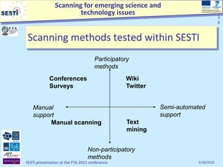 Scanning for emerging science and
technology issues
Project funded under the Socio-
economic Sciences and Humanities
3/18/2022
SESTI presentation at the FTA 2011 conference
2
6
2
6
Scanning methods tested within SESTI
Participatory
methods
Non-participatory
methods
Conferences
Surveys
Wiki
Twitter
Manual
support
Semi-automated
support
Text
mining
Manual scanning
 