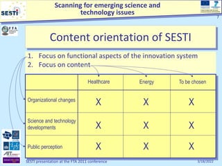 Scanning for emerging science and
technology issues
Project funded under the Socio-
economic Sciences and Humanities
3/18/2022
SESTI presentation at the FTA 2011 conference
7
Content orientation of SESTI
1. Focus on functional aspects of the innovation system
2. Focus on content
Public perception
Science and technology
developments
Organizational changes
Healthcare Energy To be chosen
X X X
X X X
X X X
 