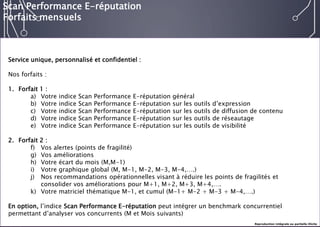 E-réputation 
Entreprises & Décideurs 
Service unique, personnalisé et confidentiel : 
Nos forfaits : 
1.Forfait 1 : 
a)Votre indice Scan Performance E-réputation général 
b)Votre indice Scan Performance E-réputation sur les outils d’expression 
c)Votre indice Scan Performance E-réputation sur les outils de diffusion de contenu 
d)Votre indice Scan Performance E-réputation sur les outils de réseautage 
e)Votre indice Scan Performance E-réputation sur les outils de visibilité 
2.Forfait 2 : 
f)Vos alertes (points de fragilité) 
g)Vos améliorations 
h)Votre écart du mois (M,M-1) 
i)Votre graphique global (M, M-1, M-2, M-3, M-4,….) 
j)Nos recommandations opérationnelles visant à réduire les points de fragilités et consolider vos améliorations pour M+1, M+2, M+3, M+4,…. 
k)Votre matriciel thématique M-1, et cumul (M-1+ M-2 + M-3 + M-4,….) 
En option, l’indice Scan Performance E-réputation peut intégrer un benchmark concurrentiel permettant d’analyser vos concurrents (M et Mois suivants) 
Scan Performance E-réputation 
Forfaits mensuels 
Reproduction intégrale ou partielle illicite  