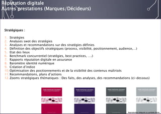 E-réputation 
Entreprises & Décideurs 
Stratégiques : 
1.Stratégies 
2.Analyses swotdes stratégies 
3.Analyses et recommandations sur des stratégies définies 
4.Définition des objectifs stratégiques (process, visibilité, positionnement, audience,…) 
5.Etat des lieux 
6.Benchmark concurrentiel (stratégies, best practices, ….) 
7.Rapports réputation digitale en assurance 
8.Baromètre identité numérique 
9.Création d’indice 
10.Optimisation des positionnements et de la visibilité des contenus maîtrisés 
11.Recommandations, plans d’actions 
12.Zooms stratégiques thématiques : Des faits, des analyses, des recommandations (ci-dessous) 
Réputation digitale 
Autres prestations (Marques/Décideurs) 
Reproduction intégrale ou partielle illicite  