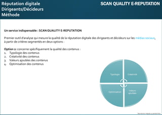 E-réputation
Entreprises&Décideurs
Un service indispensable : SCAN QUALITY E-REPUTATION
Premier outil d’analyse qui mesure la qualité de la réputation digitale des dirigeants et décideurs sur les médias sociaux,
à partir de critères segmentés en deux options :
Option 2: concerne spécifiquement la qualité des contenus :
1. Typologie des contenus
2. Créativité des contenus
3. Valeurs ajoutées des contenus
4. Optimisation des contenus
Reproduction intégrale ou partielle illicite
Réputation digitale SCAN QUALITY E-REPUTATION
Dirigeants/Décideurs
Méthode
 