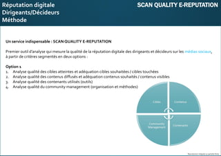 E-réputation
Entreprises&Décideurs
Reproduction intégrale ou partielle illicite
Un service indispensable : SCAN QUALITY E-REPUTATION
Premier outil d’analyse qui mesure la qualité de la réputation digitale des dirigeants et décideurs sur les médias sociaux,
à partir de critères segmentés en deux options :
Option 1
1. Analyse qualité des cibles atteintes et adéquation cibles souhaitées / cibles touchées
2. Analyse qualité des contenus diffusés et adéquation contenus souhaités / contenus visibles
3. Analyse qualité des contenants utilisés (outils)
4. Analyse qualité du community management (organisation et méthodes)
Réputation digitale SCAN QUALITY E-REPUTATION
Dirigeants/Décideurs
Méthode
 