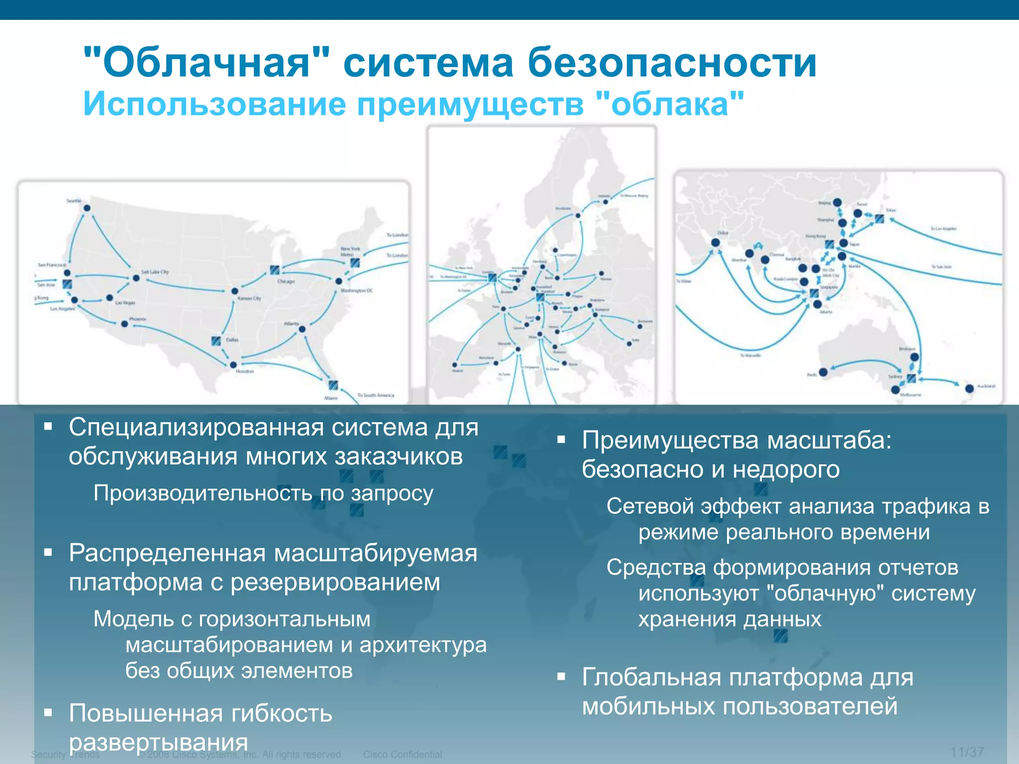 "Облачная" система безопасности
           Использование преимуществ "облака"




   Специализированная система для
                                                                                          Преимущества масштаба:
    обслуживания многих заказчиков
                                                                                           безопасно и недорого
             Производительность по запросу
                                                                                            Сетевой эффект анализа трафика в
                                                                                              режиме реального времени
   Распределенная масштабируемая
                                                                                            Средства формирования отчетов
    платформа с резервированием                                                               используют "облачную" систему
             Модель с горизонтальным                                                          хранения данных
               масштабированием и архитектура
               без общих элементов                                                        Глобальная платформа для
   Повышенная гибкость                                                                    мобильных пользователей
    развертывания
Security Trends   © 2006 Cisco Systems, Inc. All rights reserved.   Cisco Confidential                                  11/37
 