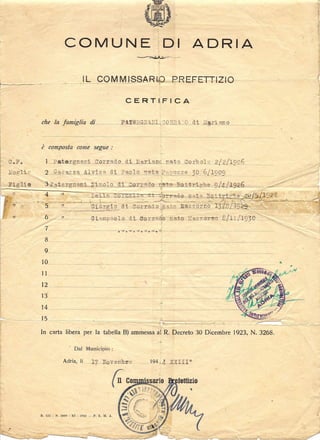 Certificato Comune di Adria del1944 famiglia Patergnani Corrado "Tiziano" di Mariano