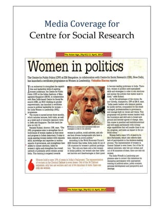 Media Coverage for
Centre for Social Research
The Asian Age, (Pg-01) 11 April, 2012
The Asian Age, (Pg-01) 11 April, 2012
 