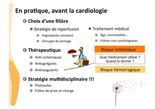 CHU_Hôpitaux de Rouen - page 24
En	
  praJque,	
  avant	
  la	
  cardiologie	
  
 Choix	
  d’une	
  ﬁlière	
  	
  
 Stratégie	
  de	
  reperfusion	
  
  Angioplas8e	
  coronaire	
  
  Chirurgie	
  de	
  pontage	
  
 ThérapeuJque	
  
  An8-­‐ischémiques	
  
  An8agrégants	
  
  An8coagulants	
  
 Stratégie	
  mulJdisciplinaire	
  !!!	
  
  Protocoles	
  
  Filière	
  de	
  prise	
  en	
  charge	
  
Risque	
  hémorragique	
  
	
  Risque	
  ischémique	
  
Quel médicament utiliser ?
Quand le donner ?
 Traitement	
  médical	
  
  Âge,	
  comorbidités…	
  
  Filières	
  non-­‐cardiologiques	
  
 