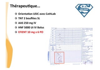 CHU_Hôpitaux de Rouen - page 8
ThérapeuJque…	
  
  OrientaJon	
  USIC	
  avec	
  CathLab	
  
  TNT	
  2	
  bouﬀées	
  SL	
  
  AAS	
  250	
  mg	
  IV	
  
  HNF	
  5000	
  UI	
  IV	
  Bolus	
  
  EFIENT	
  10	
  mg	
  x	
  6	
  PO	
  
 