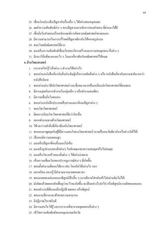 64
25. เชื่อมโยงประเด็นปัญหากับเรื่องอื่น ๆ ได้อย่างสมเหตุสมผล
26. จดจาความสัมพันธ์ต่าง ๆ ของปัญหาและหลักการของคาตอบ ที่ผ่านมาได้ดี
27. เชื่อมั่นในคาตอบหรือหลักเกณฑ์การคิดทางคณิตศาสตร์ของตนเอง
28. มีความสามารถในการแก้โจทย์ปัญหาเดียวกันได้หลายรูปแบบ
29. ชอบโจทย์คณิตศาสตร์ที่ยาก
30. มองเห็นความสัมพันธ์เชื่อมโยงของโครงสร้างและความสมดุลของ สิ่งต่าง ๆ
31. มีแนวโน้มที่จะมองอะไร ๆ โยงมาเกี่ยวพันกับคณิตศาสตร์ได้หมด
4. ด้านวิทยาศาสตร์
1. กระหายใคร่รู้ว่าสิ่งต่าง ๆ ทางานได้อย่างไร
2. ชอบอ่านหนังสือเกี่ยวกับสิ่งประดิษฐ์หรือการผลิตสิ่งต่าง ๆ หรือ หนังสือเกี่ยวกับธรรมชาติมากกว่า
หนังสือนิยาย
3. ชอบอ่านประวัตินักวิทยาศาสตร์ และชื่นชม อยากเป็นเหมือนนักวิทยาศาสตร์ที่ตนชอบ
4. มีความสุขกับการทางานในกลุ่มเล็ก ๆ หรือทางานคนเดียว
5. มีความเชื่อมั่นในตนเอง
6. ชอบอ่านหนังสือประเภทสืบสวนและแก้เกมปัญหาต่าง ๆ
7. ชอบวิชาวิทยาศาสตร์
8. มีผลการเรียนวิชาวิทยาศาสตร์ดีกว่าวิชาอื่น
9. อยากทางานทางด้านวิทยาศาสตร์
10. ใช้เวลาว่างทาสิ่งที่เกี่ยวข้องกับวิทยาศาสตร์
11. ชอบคบหาพูดคุยกับผู้ที่มีความสนใจทางวิทยาศาสตร์ (อาจเป็นคนวัยเดียวกันหรือต่างวัยก็ได้)
12. เป็นคนมีความอดทนสูง
13. มองเห็นปัญหาที่คนอื่นมองไม่เห็น
14. มองเห็นรูปแบบของสิ่งต่างๆ ในลักษณะของความสมดุลหรือไม่สมดุล
15. มองเห็นโครงสร้างของสิ่งต่าง ๆ ได้อย่างง่ายดาย
16. เห็นความเชื่อมโยงของปรากฏการณ์ต่าง ๆ ที่เกิดขึ้น
17. ชอบตั้งคาถามที่ตอบได้ยาก เช่น โลกเกิดได้อย่างไร ฯลฯ
18. อยากเรียน อยากรู้ มีคาถามมากมายตลอดเวลา
19. ชอบถอดของเล่นออกมาพิสูจน์เป็นชิ้น ๆ (บางทีอาจใส่กลับเข้าไปอย่างเดิมไม่ได้)
20. มักคิดแล้วทดลองทาเพื่อดูว่าอะไรจะเกิดขึ้น จะเป็นอย่างไรต่อไป หรือพิสูจน์ความคิดของตนเอง
21. ชอบทางานที่ต้องลงมือปฏิบัติ ทดลอง หรือพิสูจน์
22. ชอบงานที่ยากและท้าทายความสามารถ
23. มีปฏิภาณไหวพริบดี
24. มีความสนใจ ใฝ่รู้ และกระหายที่จะหาเหตุผลของสิ่งต่าง ๆ
25. เข้าใจความสัมพันธ์ของเหตุและผลเกินวัย
 