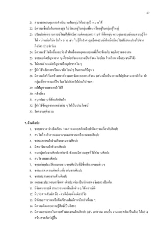 67
21. สามารถควบคุมการดาเนินงานในกลุ่มให้บรรลุเป้ าหมายได้
22. มีความเชื่อมั่นในตนเองสูง ไม่ว่าจะอยู่ในกลุ่มเพื่อนหรืออยู่ในกลุ่ม ผู้ใหญ่
23. ปรับตัวต่อสถานการณ์ใหม่ได้ดี (มีความคิดและการกระทาที่ยืดหยุ่น ควบคุมอารมณ์และความรู้สึก
ได้หนักแน่นไม่หวั่นไหวง่าย เช่น ไม่รู้สึกราคาญหรืออารมณ์เสียเมื่อมีอะไรเปลี่ยนแปลงไปจาก
กิจวัตร ประจาวัน)
24. มีความเข้าใจลึกซึ้งและว่องไวในเรื่องเหตุผลและผลที่เกี่ยวข้องกับ พฤติกรรมของคน
25. ชอบคบคิดปัญหายาก ๆ เกี่ยวกับสังคม (อาจเป็นสังคมในบ้าน โรงเรียน หรือชุมชนก็ได้)
26. ไม่ยอมจานนต่อปัญหาหรืออุปสรรคใด ๆ
27. รู้จักใช้หลักการหรือแนวคิดใหม่ ๆ ในการแก้ปัญหา
28. มีความคิดริเริ่มสร้างสรรค์ทางการจัดระบบทางสังคม (เช่น เมื่อเห็น ความไม่ยุติธรรม อาจริเริ่ม นา
กลุ่มเพื่อหาทางแก้ไข โดยไม่ปล่อยให้ผ่านไป ฯลฯ)
29. แก้ปัญหาเฉพาะหน้าได้ดี
30. กล้าเสี่ยง
31. สนุกกับงานที่ต้องตัดสินใจ
32. รู้จักใช้ข้อมูลจากแหล่งต่าง ๆ ให้เป็นประโยชน์
33. รักความยุติธรรม
7. ด้านศิลปะ
1. ชอบหาเวลาว่างขีดเขียน วาดภาพ แกะสลักหรือทากิจกรรมเกี่ยวกับศิลปะ
2. สนใจเรื่องสี ความงดงามของภาพวาดหรืองานทางศิลปะ
3. ชอบและสนใจร่วมกิจกรรมทางศิลปะ
4. มีสมาธินานถ้าทางานศิลปะ
5. หมกมุ่นกับงานศิลปะอย่างจริงจังและมีความสุขที่ได้ทางานศิลปะ
6. สนใจงานทางศิลปะ
7. ชอบอ่านประวัติและผลงานของศิลปินที่มีชื่อเสียงแขนงต่าง ๆ
8. ชอบแสดงความคิดเห็นเกี่ยวกับงานศิลปะ
9. ชอบสะสมผลงานด้านศิลปะ
10. อยากจะประกอบอาชีพทางศิลปะ เช่น เป็นนักแสดง จิตรกร เป็นต้น
11. มีจินตนาการดี สามารถมองเห็นสิ่งต่าง ๆ ได้หลายมิติ
12. มีประสาทสัมผัส มือ - ตา ดีเยี่ยมตั้งแต่เยาว์วัย
13. มีทักษะการวาดหรือขีดเขียนเส้นก้าวหน้ากว่าเพื่อน ๆ
14. มีความคิดและความรู้สึกที่เป็นอิสระ
15. มีความสามารถในการสร้างผลงานด้านศิลปะ (เช่น ภาพวาด งานปั้น งานแกะสลัก เป็นต้น) ได้อย่าง
สร้างสรรค์กว่าผู้อื่น
 