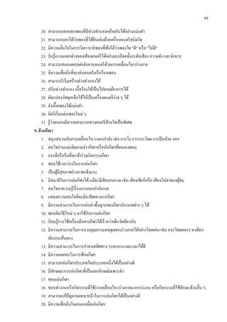 69
20. สามารถแยกแยะเพลงที่มีท่วงทานองคล้ายกันได้อย่างแม่นยา
21. สามารถบอกได้ว่าเพลงที่ได้ยินเล่นด้วยเครื่องดนตรีชนิดใด
22. มีความมั่นใจในการวิเคราะห์เพลงที่ฟังได้ว่าเพลงใด "ดี" หรือ "ไม่ดี"
23. รับรู้ความแตกต่างของเสียงดนตรีได้อย่างละเอียดทั้งระดับเสียง ความดัง และจังหวะ
24. สามารถสนองตอบต่อจังหวะดนตรีด้วยการเคลื่อนไหวร่างกาย
25. มีความเชื่อมั่นที่จะเล่นดนตรีหรือร้องเพลง
26. สามารถริเริ่มสร้างท่วงทานองได้
27. ปรับท่วงทานอง เนื้อร้องให้เป็นไปตามต้องการได้
28. ดัดแปลงวัสดุเหลือใช้ให้เป็นเครื่องดนตรีง่าย ๆ ได้
29. จาเนื้อเพลงได้แม่นยา
30. คิดริเริ่มแต่งเพลงใหม่ ๆ
31. รู้ว่าตนเองมีความสามารถทางดนตรีด้านใดเป็นพิเศษ
9. ด้านกีฬา
1. สนุกสนานกับการเคลื่อนไหว ออกกาลัง เช่น การวิ่ง การกระโดด การปีนป่าย ฯลฯ
2. สนใจอ่านและติดตามข่าวกีฬาหรือนักกีฬาที่ตนเองชอบ
3. กระตือรือร้นที่จะเข้าร่วมกิจกรรมกีฬา
4. ชอบใช้เวลาว่างในการเล่นกีฬา
5. เป็นผู้มีสุขภาพร่างกายแข็งแรง
6. มีสมาธิในการเล่นกีฬาได้แม้จะมีเสียงรบกวน เช่น เสียงเชียร์หรือ เสียงโห่ฮาของผู้ชม
7. สนใจหาความรู้เรื่องการออกกาลังกาย
8. แสดงความสนใจที่จะมีอาชีพทางการกีฬา
9. มีความสามารถในการเล่นท่าพื้นฐานของกีฬาประเภทต่าง ๆ ได้
10. ชอบคิดวิธีใหม่ ๆ มาใช้กับการเล่นกีฬา
11. เรียนรู้การใช้เครื่องมือทางกีฬาได้เร็วกว่าเด็กวัยเดียวกัน
12. มีความสามารถในการควบคุมความสมดุลของร่างกายได้อย่างโดดเด่น เช่น กระโดดยองๆ ขาเดียว
เดินบนเส้นตรง
13. มีความสามารถในการกาหนดทิศทาง ระยะทาง และเวลาได้ดี
14. มีความอดทนในการซ้อมกีฬา
15. สามารถเล่นกีฬาประเภทใดประเภทหนึ่งได้เป็นอย่างดี
16. มีลักษณะการเล่นกีฬาที่เป็นเอกลักษณ์เฉพาะตัว
17. ชอบเล่นกีฬา
18. ชอบทางานหรือกิจกรรมที่ใช้การเคลื่อนไหวร่างกายมากกว่างาน หรือกิจกรรมที่ใช้ทักษะด้านอื่น ๆ
19. สามารถแก้ปัญหาเฉพาะหน้าในการเล่นกีฬาได้เป็นอย่างดี
20. มีความเชื่อมั่นในตนเองเมื่อเล่นกีฬา
 