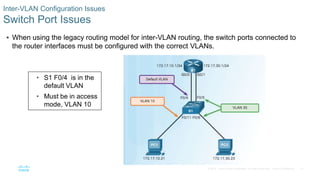41© 2016 Cisco and/or its affiliates. All rights reserved. Cisco Confidential
Inter-VLAN Configuration Issues
Switch Port Issues
 When using the legacy routing model for inter-VLAN routing, the switch ports connected to
the router interfaces must be configured with the correct VLANs.
• S1 F0/4 is in the
default VLAN
• Must be in access
mode, VLAN 10
 