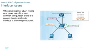 44© 2016 Cisco and/or its affiliates. All rights reserved. Cisco Confidential
Inter-VLAN Configuration Issues
Interface Issues
 When enabling inter-VLAN routing
on a router, one of the most
common configuration errors is to
connect the physical router
interface to the wrong switch port.
 