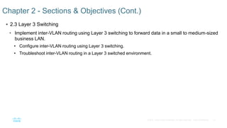 14© 2016 Cisco and/or its affiliates. All rights reserved. Cisco Confidential
 2.3 Layer 3 Switching
• Implement inter-VLAN routing using Layer 3 switching to forward data in a small to medium-sized
business LAN.
• Configure inter-VLAN routing using Layer 3 switching.
• Troubleshoot inter-VLAN routing in a Layer 3 switched environment.
Chapter 2 - Sections & Objectives (Cont.)
 