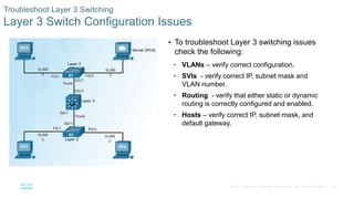 59© 2016 Cisco and/or its affiliates. All rights reserved. Cisco Confidential
Troubleshoot Layer 3 Switching
Layer 3 Switch Configuration Issues
 To troubleshoot Layer 3 switching issues
check the following:
• VLANs – verify correct configuration.
• SVIs - verify correct IP, subnet mask and
VLAN number.
• Routing - verify that either static or dynamic
routing is correctly configured and enabled.
• Hosts – verify correct IP, subnet mask, and
default gateway.
 