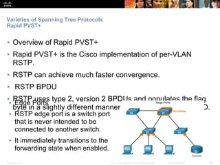 Presentation_ID ‹#›© 2017 Cisco Systems, Inc. All rights reserved. Cisco Confidential
Varieties of Spanning Tree Protocols
Rapid PVST+
▪ Overview of Rapid PVST+
▪ Rapid PVST+ is the Cisco implementation of per-VLAN
RSTP.
▪ RSTP can achieve much faster convergence.
▪ RSTP BPDU
▪ RSTP uses type 2, version 2 BPDUs and populates the flag
byte in a slightly different manner than in the original 802.1D.
▪ Edge Ports
▪ RSTP edge port is a switch port
that is never intended to be
connected to another switch.
▪ It immediately transitions to the
forwarding state when enabled.
 
