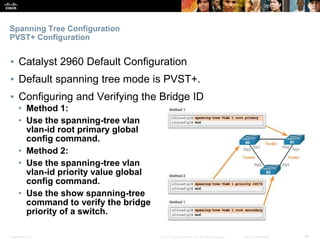 Presentation_ID ‹#›© 2017 Cisco Systems, Inc. All rights reserved. Cisco Confidential
Spanning Tree Configuration
PVST+ Configuration
▪ Catalyst 2960 Default Configuration
▪ Default spanning tree mode is PVST+.
▪ Configuring and Verifying the Bridge ID
• Method 1:
• Use the spanning-tree vlan
vlan-id root primary global
config command.
• Method 2:
• Use the spanning-tree vlan
vlan-id priority value global
config command.
• Use the show spanning-tree
command to verify the bridge
priority of a switch.
 